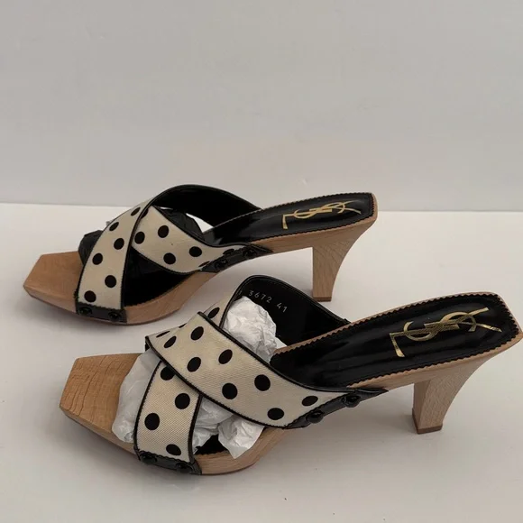 YSL Ivory & Black Lolita Dot Heeled Slides - Picture 2 of 10